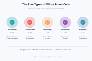 The five types of white blood cells that make up a high white blood cell count: neutrophils, lymphocytes, monocytes, eosinophils, and basophils