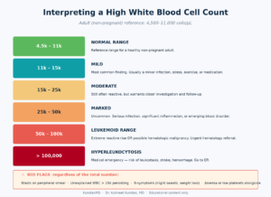 High white blood cell count severity chart showing normal range through hyperleukocytosis with clinical interpretation and red flags